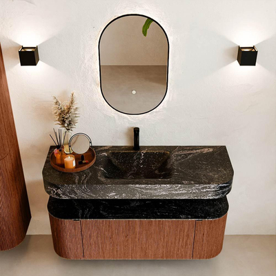 MONDIAZ THOR-DLUX Meuble de salle de bains 130cm arrondi gauche + droite couleur Ruby avec 1 tiroir et 2 portes. Vasque suspendue CLOUD Milieu 1 trou de robinet couleur Lava.