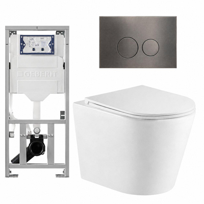 QeramiQ Dely Ensemble WC - 36.3x51.7cm - cuvette profonde - sans bride - réservoir encastré Geberit UP320 - avec cadre Burda - abattant WC softclose - plaque de commande gunmetal - boutons ronds - blanc mat