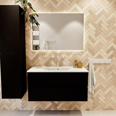MONDIAZ VICA 100cm meuble sous lavabo Urban 2 tiroirs. Lavabo DENIA milieu 1 trou de robinet, couleur Blanc Brillant.