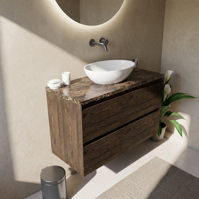 Saniclass Holz Pure Ensemble de meubles de salle de bains - 100x45x63cm - Plan en pierre naturelle Noche dark emperador - sans trou de robinetterie - 2 tiroirs - chêne charcoal mat (bois)