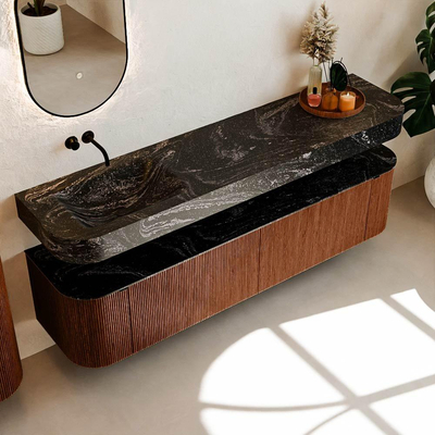 MONDIAZ THOR-DLUX Meuble de salle de bains 190cm arrondi gauche + droite couleur Ruby avec 2 tiroirs et 2 portes. Vasque suspendue CLOUD Gauche sans trou de robinet couleur Lava.