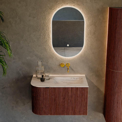 MONDIAZ KURVE-DLUX Meuble de salle de bains 75cm arrondi à gauche couleur Ruby avec 1 tiroir et 1 porte. Lavabo GRUNNE à droite sans trou de robinet Nata.