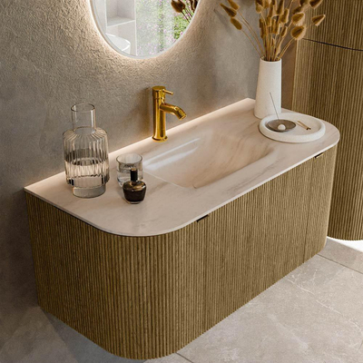 MONDIAZ KURVE-DLUX Meuble de salle de bains 100cm arrondi Gauche + Droite couleur Dusk avec 1 tiroir et 2 portes. Lavabo GRUNNE Central 1 trou de robinet Meli.