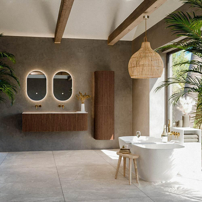 MONDIAZ KURVE-DLUX Meuble de salle de bains 145cm arrondi à droite couleur Walnut avec 1 tiroir et 1 porte. Lavabo LEAF Double / Gauche sans trou de robinet Nata.