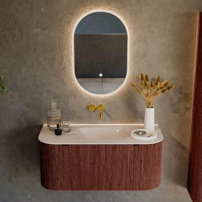 MONDIAZ KURVE-DLUX 100cm badmeubel ronding Links + Rechts kleur Ruby met 1 lade en 2 deuren. Wastafel GRUNNE Midden zonder kraangat Meli.
