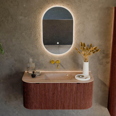 MONDIAZ KURVE-DLUX Meuble de salle de bains 100cm arrondi gauche + droite couleur Ruby avec 1 tiroir et 2 portes. Lavabo GRUNNE au milieu sans trou de robinet Saba.
