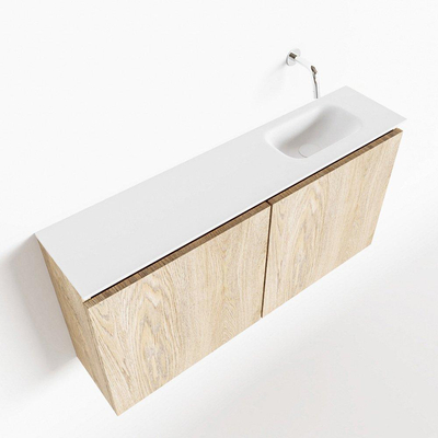 MONDIAZ TURE Fonteinset - 100x23x50cm - 0 kraangaten - 2 deuren - washed oak mat - Wasbak rechts - Solid Surface Wit