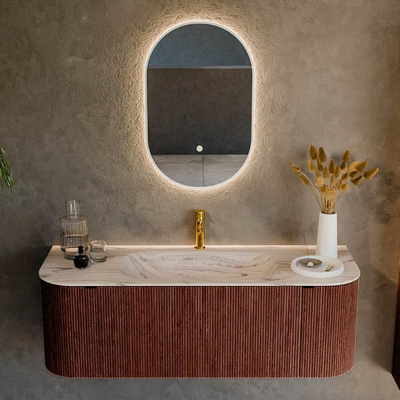 MONDIAZ KURVE-DLUX 130cm badmeubel ronding Links + Rechts kleur Ruby met 1 lade en 2 deuren. Wastafel BIG SMALL Midden 1 kraangat Nata.