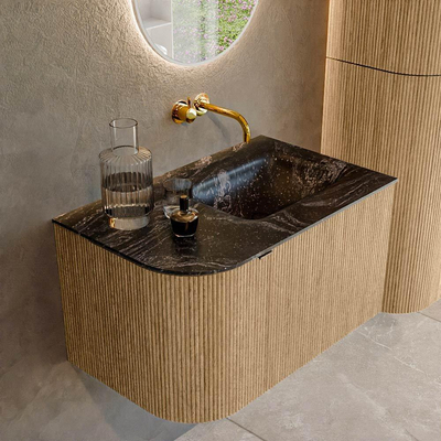 MONDIAZ KURVE-DLUX 75cm badmeubel met module 25 L kleur Oak met 1 lade en 1 deur. Wastafel GRUNNE rechts zonder kraangat kleur Lava.