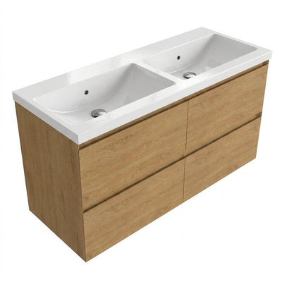Saniclass Holz Pure Ensemble meuble de salle de bains - 120x45x63.5cm - Lavabo Bari en céramique blanc - 2 vasques - sans trous de robinetterie - 4 tiroirs - chêne natural mat (bois)