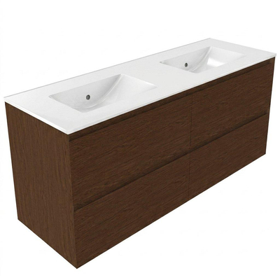 Saniclass Holz Pure Ensemble de meubles de salle de bains - 140x45x62cm - lavabo Vygo en céramique blanc - 2 vasques - sans trous de robinetterie - 4 tiroirs - brillant walnut pure (bois)