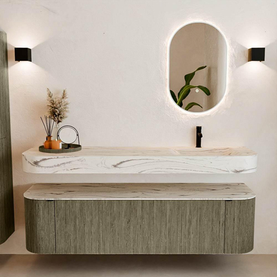 MONDIAZ THOR-DLUX 170cm meuble de salle de bains arrondi gauche + droite couleur Shadow avec 1 tiroir et 2 portes. Vasque suspendue CLOUD Droite 1 trou de robinet couleur Nata.