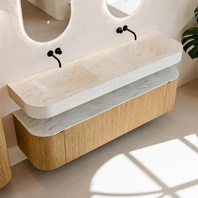 MONDIAZ THOR-DLUX 170cm meuble de salle de bains arrondi gauche + droite couleur Oak avec 1 tiroir et 2 portes. Vasque suspendue CLOUD Double sans trou de robinet couleur Opalo.