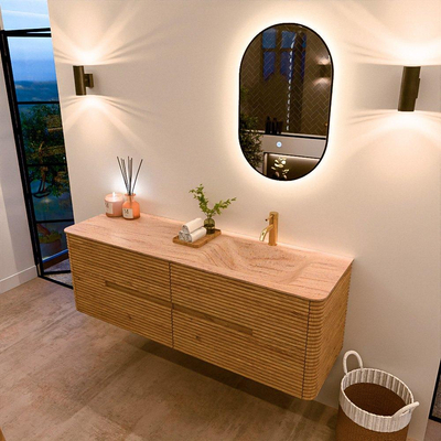 Mondiaz CIRO-DLUX Ensemble de meubles de salle de bains - 150x45x50cm - vasque solid surface Saba - 1 lavabo à droite - 1 trou de robinet - 4 tiroirs - Chêne