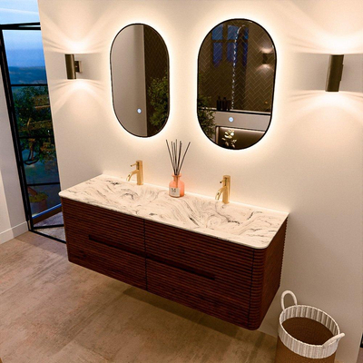 Mondiaz CIRO-DLUX Badkamermeubelset - 140x45x50cm - Solid surface wastafel Glace - 2 wasbak Dubbel - 2 kraangaten - 4 lades - Ruby