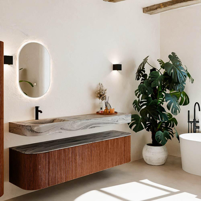 MONDIAZ THOR-DLUX 180cm meuble de salle de bains arrondi gauche + droite couleur Ruby avec 2 tiroirs et 2 portes. Vasque suspendue CLOUD Gauche 1 trou de robinet couleur Sombra.