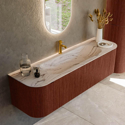 MONDIAZ KURVE-DLUX 160cm badmeubel ronding Links + Rechts kleur Ruby met 1 lade en 2 deuren. Wastafel BIG MEDIUM Midden 1 kraangat Nata.