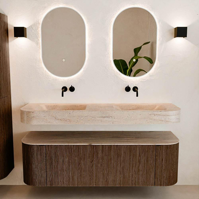 MONDIAZ THOR-DLUX 150cm meuble de salle de bains arrondi gauche + droite couleur Walnut avec 1 tiroir et 2 portes. Vasque suspendue CLOUD Double sans trou de robinet couleur Saba.