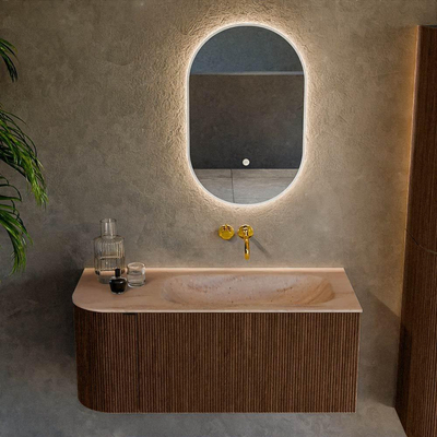 MONDIAZ KURVE-DLUX Meuble de salle de bains 105cm arrondi à gauche couleur Walnut avec 1 tiroir et 1 porte. Lavabo BIG SMALL à droite sans trou de robinet Saba.