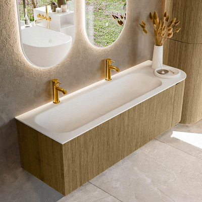 Mondiaz KURVE Ensemble de meuble salle de bain - 145x46x40cm - 1 tiroir - 1 porte - lavabo en solid surface - gauche - 2 trous de robinet - Dusk