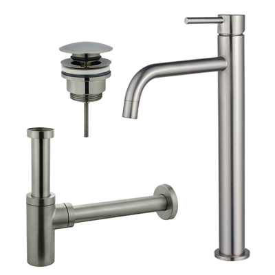 Fortifura Calvi Slim wastafelkraanset - opbouw - hoog - met klikwaste - PVD - geborsteld rvs