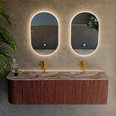 MONDIAZ KURVE-DLUX Meuble de salle de bains 155cm arrondi à gauche couleur Ruby avec 2 tiroirs et 1 porte. Lavabo LEAF Double / 2 trous de robinet à droite Sombra.