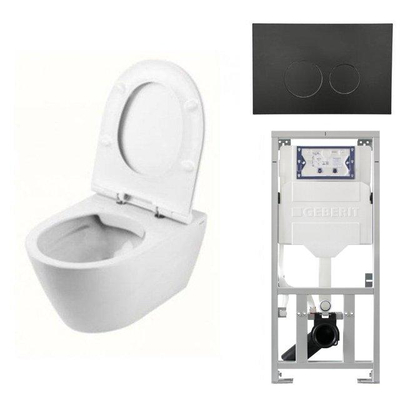 QeramiQ Salina Spoelrandloos toiletset - inclusief toiletzitting inbouwreservoir en mat zwart bedieningspaneel - wit