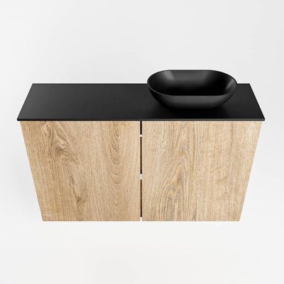 Mondiaz Fowy Toiletmeubel - 80x50x23cm - washed oak mat - 0 kraangaten - wasbak rechts - 2 deuren - solid surface - blad Melamine - wasbak: zwart