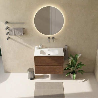 Saniclass Holz Atelier Ensemble meuble de salle de bains - 80x45x61.5cm - Flow lavabo en solid surface blanc - 1 vasque - sans trou de robinetterie - 2 tiroirs - walnut pure mat (bois)