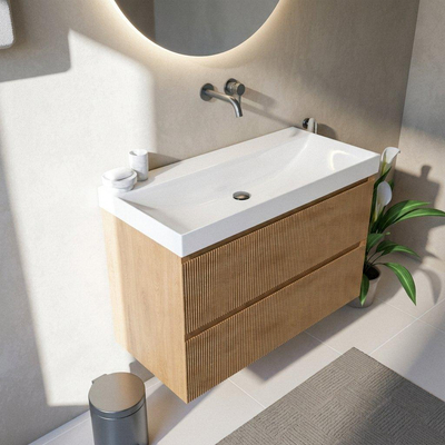 Saniclass Holz Atelier Ensemble meuble de salle de bains - 100x45x67.5cm - Wave lavabo en céramique - 1 vasque - sans trou de robinet - 2 tiroirs - chêne natural mat (bois)