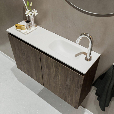 MONDIAZ TURE Kit lave-mains - 80x23x50cm - 1 trou de robinet - 2 portes - marron foncé mat - Lavabo à droite - Solid Surface Blanc