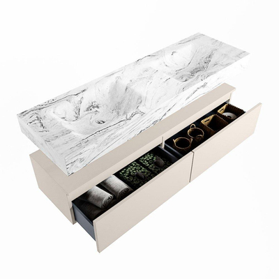 Mondiaz ALAN-DLUX Ensemble de meuble - 150cm - meuble Linen mat - 2 tiroirs - Lavabo Cloud Glace suspendu - vasque Gauche et droite - 2 trous de robinet