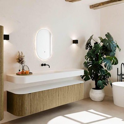 MONDIAZ THOR 190cm meuble de salle de bains arrondi gauche + droite couleur Dusk avec 2 tiroirs et 2 portes. Vasque suspendue CLOUD Milieu sans trou de robinet couleur Talc.