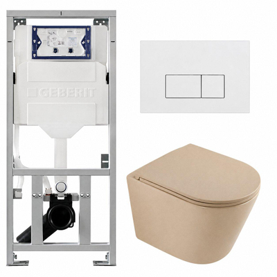 QeramiQ Dely Pack WC - 36,3x51,7cm - à fond creux - sans bride - réservoir encastré Geberit UP320 - abattant WC à fermeture douce - plaque de déclenchement blanche brillante - boutons rectangulaires - beige mat