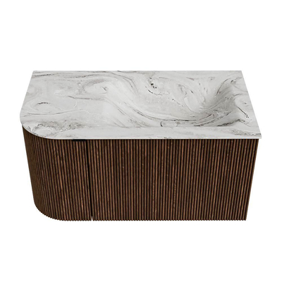 MONDIAZ KURVE-DLUX 85cm badmeubel met module 25 L kleur Walnut met 1 lade en 1 deur. Wastafel CLOUD rechts zonder kraangat kleur Glace.