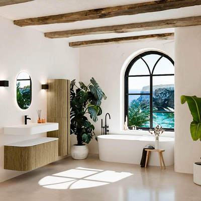 MONDIAZ THOR 110cm meuble de salle de bains arrondi gauche + droite couleur Dusk avec 1 tiroir et 2 portes. Vasque suspendue CLOUD Milieu 1 trou de robinet couleur Talc.