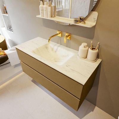 Mondiaz VICA-DLUX ensemble de meuble de salle de bain - 110cm - meuble sous-vasque oro - 2 tiroirs - lavabo encastré cloud milieu - sans trous de robinet - version haute de 60cm - opalo