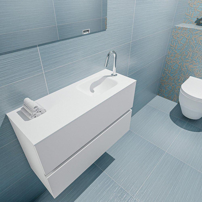 MONDIAZ ADA Meuble WC - 80x30x50cm - 1 trou de robinet - 2 tiroirs - talc mat - vasque à droite - Solid surface - Blanc