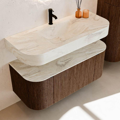 MONDIAZ THOR-DLUX 110cm badmeubel ronding links + rechts kleur Walnut met 1 lade en 2 deuren. Vrijhangende wastafel CLOUD Midden 1 kraangat kleur Ostra.