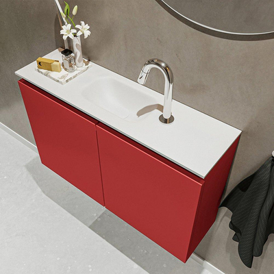 MONDIAZ TURE Toiletmeubel 80x23x50cm met 1 kraangaten 2 deuren fire mat Wastafel Eden midden Solid Surface Wit