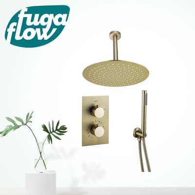 FugaFlow Eccelente Sobrado ensemble de douche pluie encastré bras de plafond thermostatique 20cm avec barre de douche 25cm douche à main laiton brossé PVD