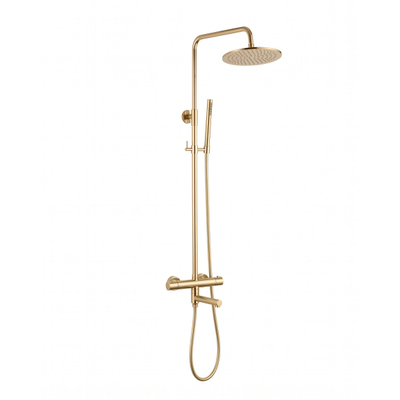 Fortifura Calvi Regendoucheset - thermostatisch - 25cm hoofddouche - gladde slang - staaf handdouche - draaibare baduitloop - Geborsteld Messing PVD (Goud)