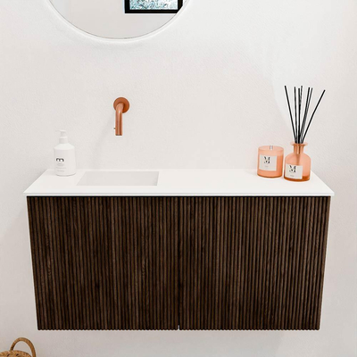 Mondiaz JOYA 80cm toiletmeubel - kleur Walnut - Wastafel FAYE positie Links Zonder kraangat kleur Talc.