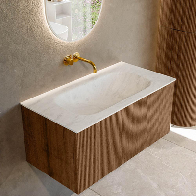 MONDIAZ KURVE-DLUX 90cm Meuble salle de bain - couleur Walnut - 1 tiroir - vasque BIG SMALL centre - sans trou de robinet - couleur Opalo