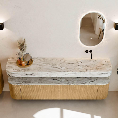 MONDIAZ THOR-DLUX 200cm meuble de salle de bains arrondi gauche + droite couleur Oak avec 2 tiroirs et 2 portes. Vasque suspendue CLOUD droite sans trou de robinet couleur Glace.