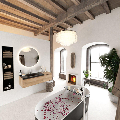 MONDIAZ BUKLA 120cm meuble de salle de bain avec module 40 couleur Chêne blanchi avec 2 tiroirs. Lavabo CLOUD à gauche 1 trou de robinet couleur Urbaine.