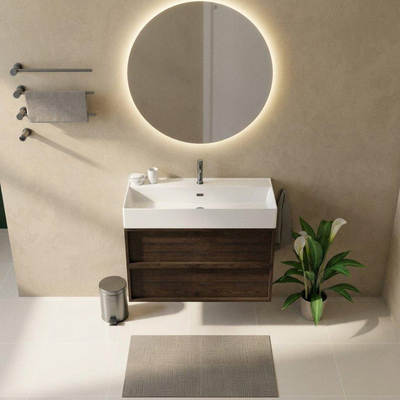 Saniclass Holz Frame Ensemble de meubles de salle de bains - 100x45x72cm - Legend lavabo en céramique blanc - 1 vasque - 1 trou de robinet - 2 tiroirs - chêne charbon mat (bois)