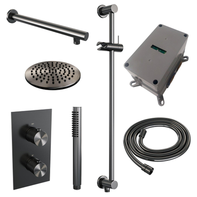 Brauer Gunmetal Carving Regendoucheset inbouw - hoofddouche 20cm - carving knop - handdouche Staaf 1 stand - glijstang - PVD - geborsteld gunmetal