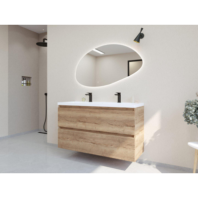 HR Infinity XXL ensemble de meubles de salle de bain 3d 120 cm 1 vasque en céramique djazz blanc 2 trous de robinet 2 tiroirs chêne français