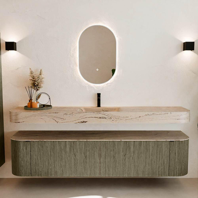 MONDIAZ THOR-DLUX Meuble de salle de bains - 200cm - arrondi gauche + droite - couleur Shadow - 2 tiroirs - 2 portes - Vasque suspendue CLOUD Milieu 1 trou de robinet couleur Arena